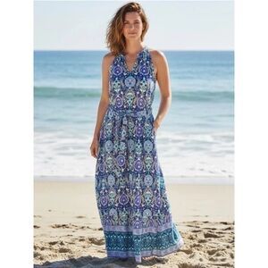 Talbots Floret Medallion Tie Waist Maxi Dress Womens 4 Blue Cottagecore Vacay